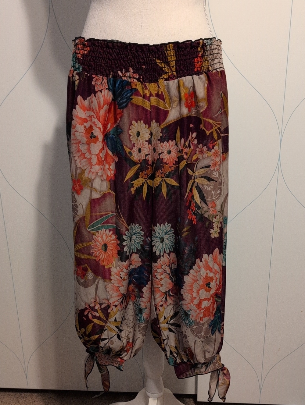 4/$20 Smocked Waist Sheer Floral Harem Pant in Plum Floral